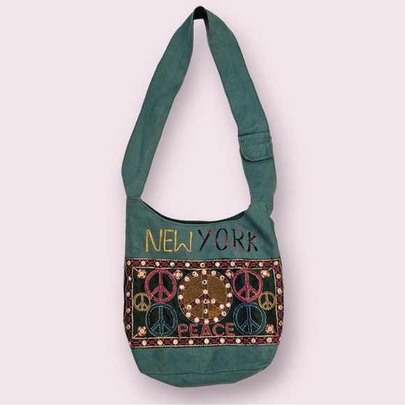 New York Boho Bag Peace Sign Crossbody Bag Hippie bag Top Zipper Made in India - Picture 1 of 6